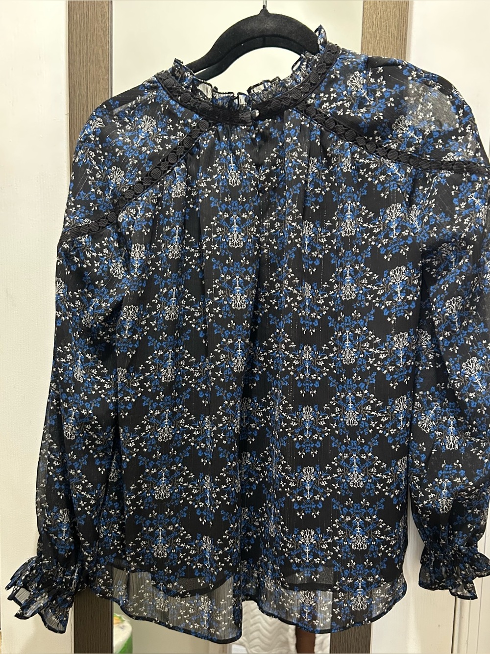 Moon River Black Sheer Blouse with Blue Floral Print